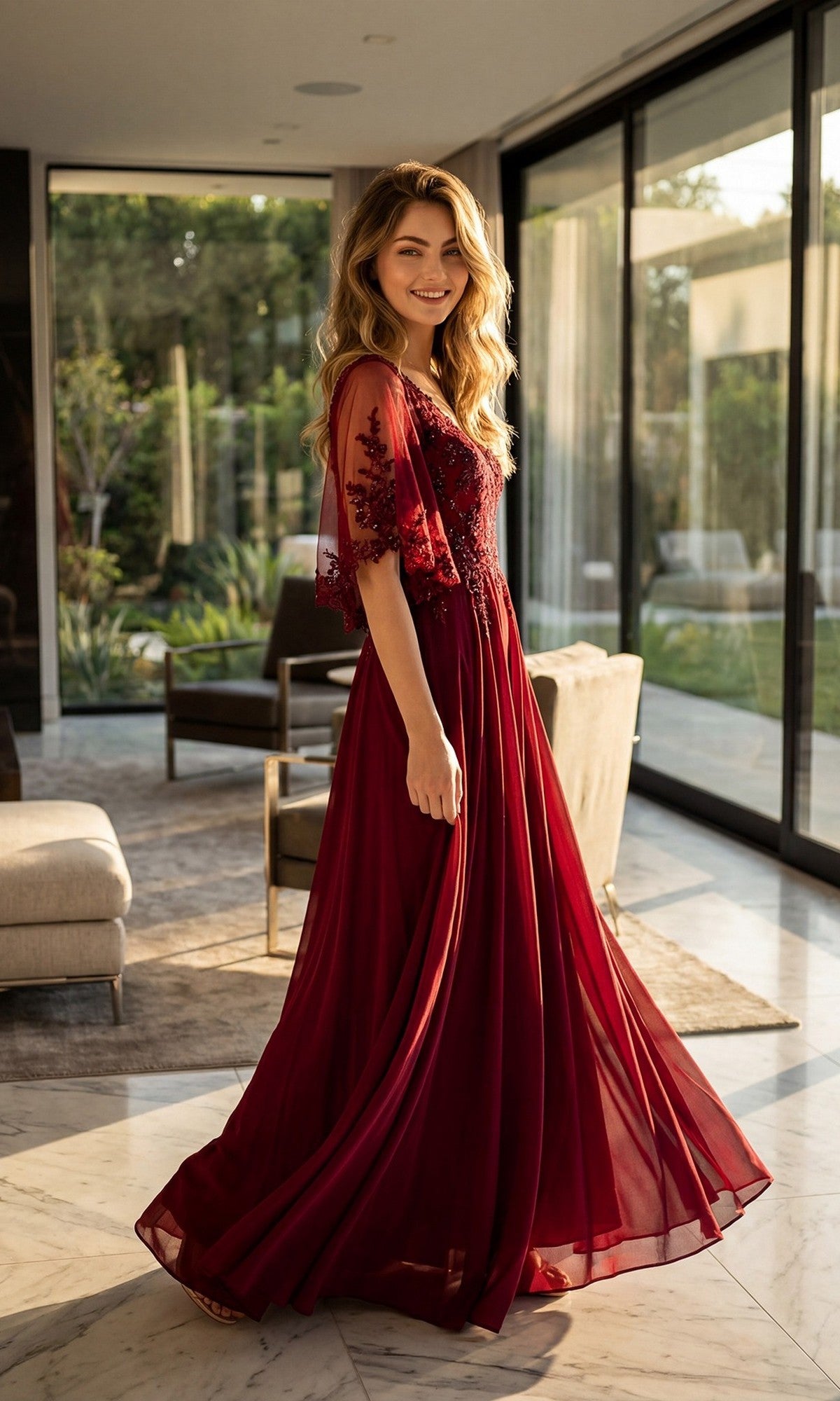 A woman wearing the Juliet JTM22U Long Formal Dress—featuring a flowing burgundy skirt and an embroidered sheer bodice—stands in a modern, sunlit living room with floor-to-ceiling windows and marble flooring.